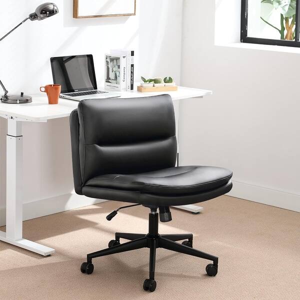 Office Chair Armless Desk Chair with Wheels, PU Padded Wide Seat