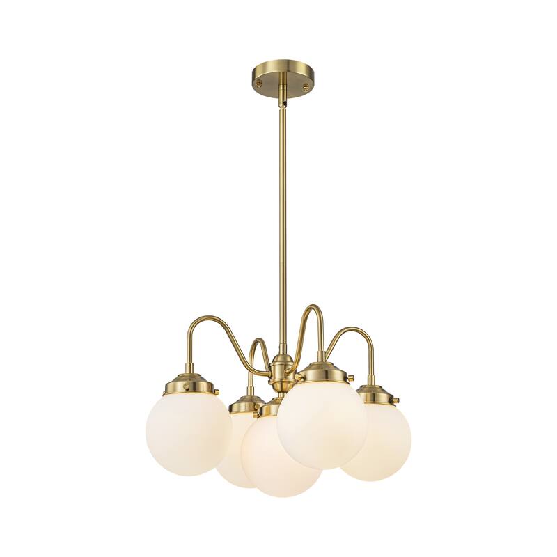 5-Light Mid-Century Modern Brass-Tone & Frosted Glass Chandelier for Living Room - 5 Light