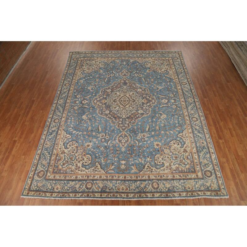 Floral Tabriz Persian Rug Handmade Blue Traditional Wool Carpet - 9'9"x 12'9"
