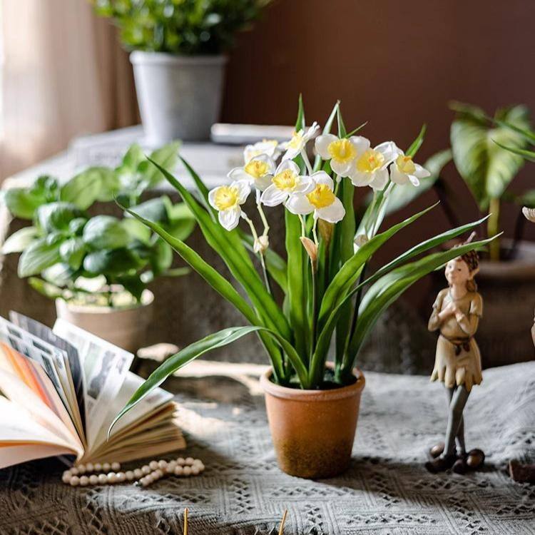 RusticReach Faux Daffodil in Brown Pot - White
