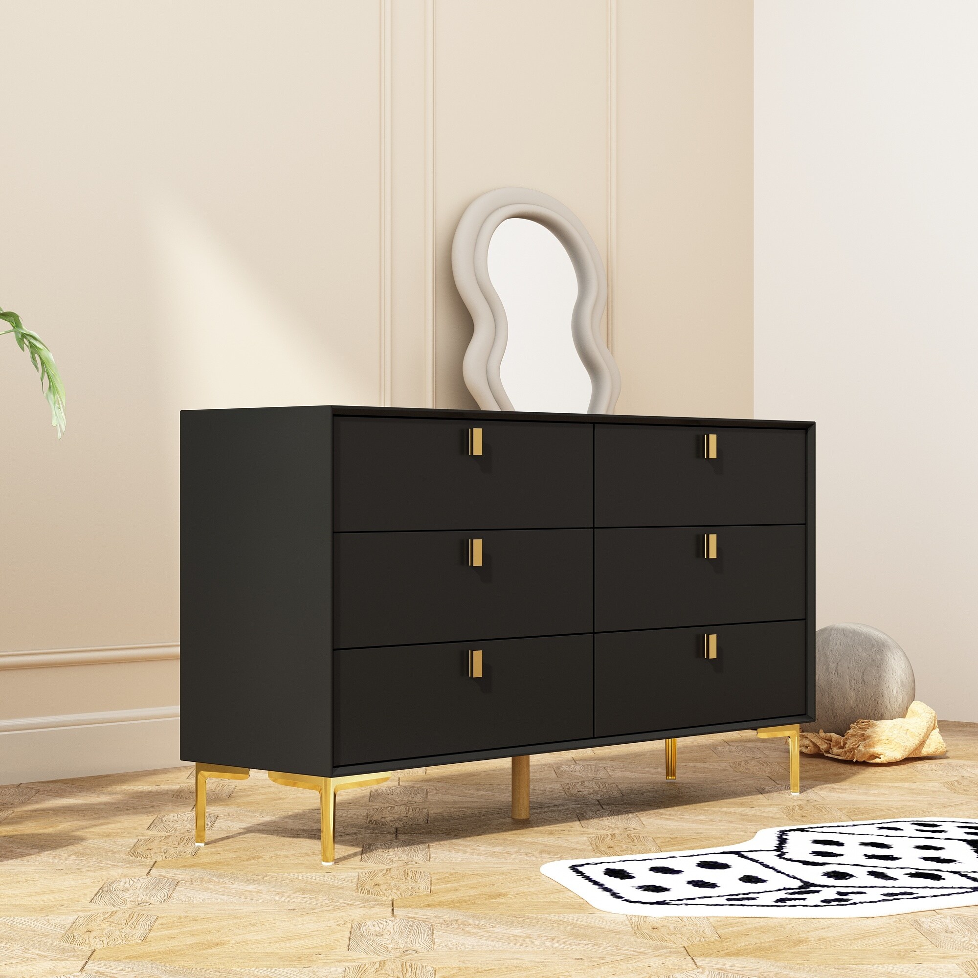 green emerald velvet dress Kendall 6-drawer Dresser with Mirror Black and Gold