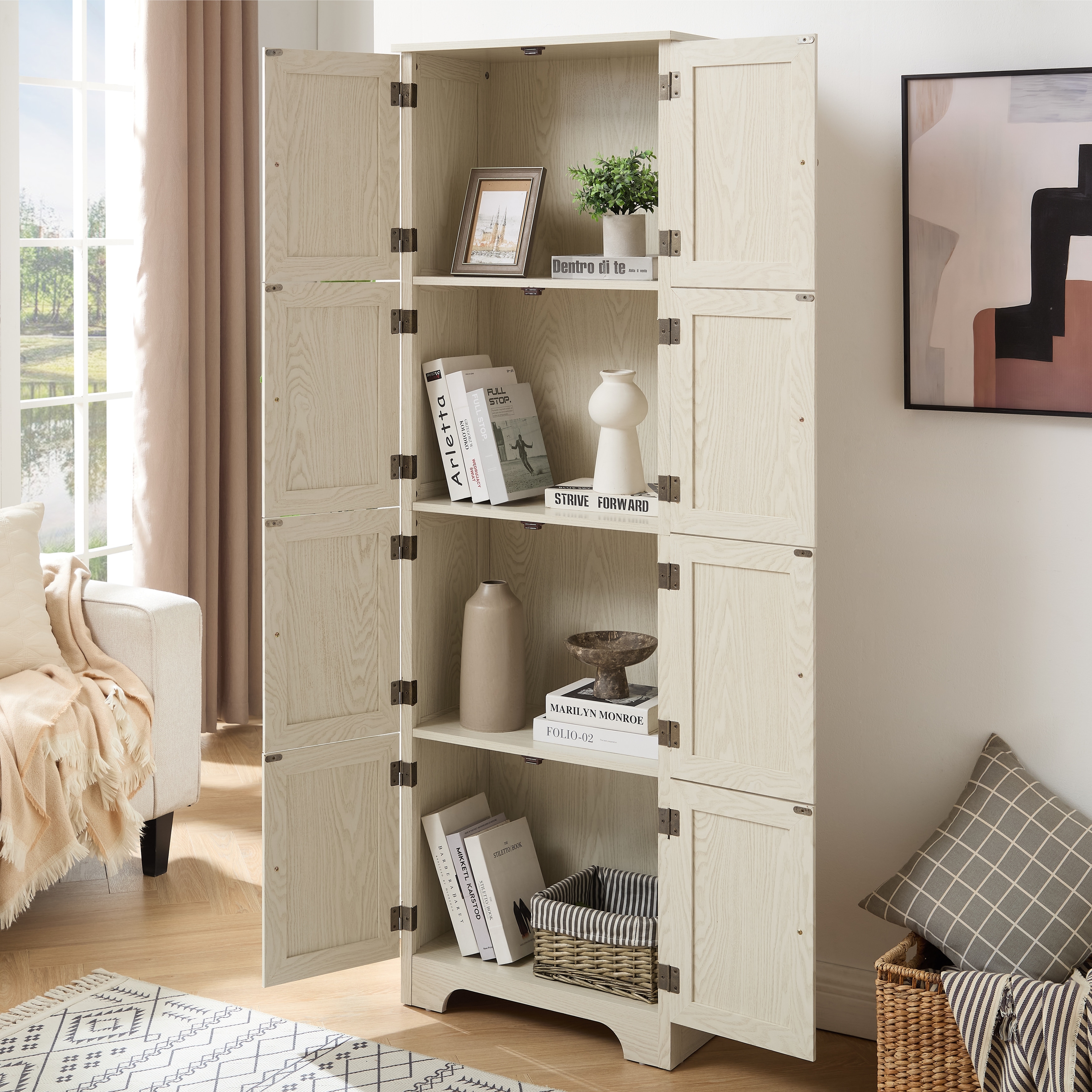 Tall Storage Cabinet White Pantry Cabinet with 8 Doors, Corner