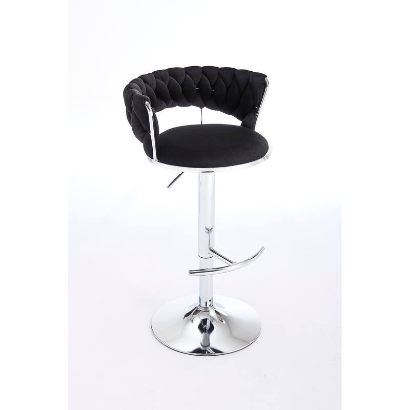 Set of 2 Bar Stools,with Chrome Footrest and Base Swivel, Height Adjustable, Velvet Upholstered + Chrome Leg Simple Bar Stool