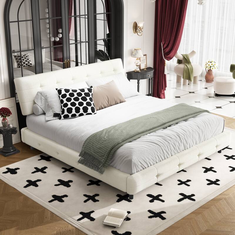 King/Queen Chenille Bed Frame with Tufted Headboard, Cloud Pillow Design and Wooden Slats Support - White - King