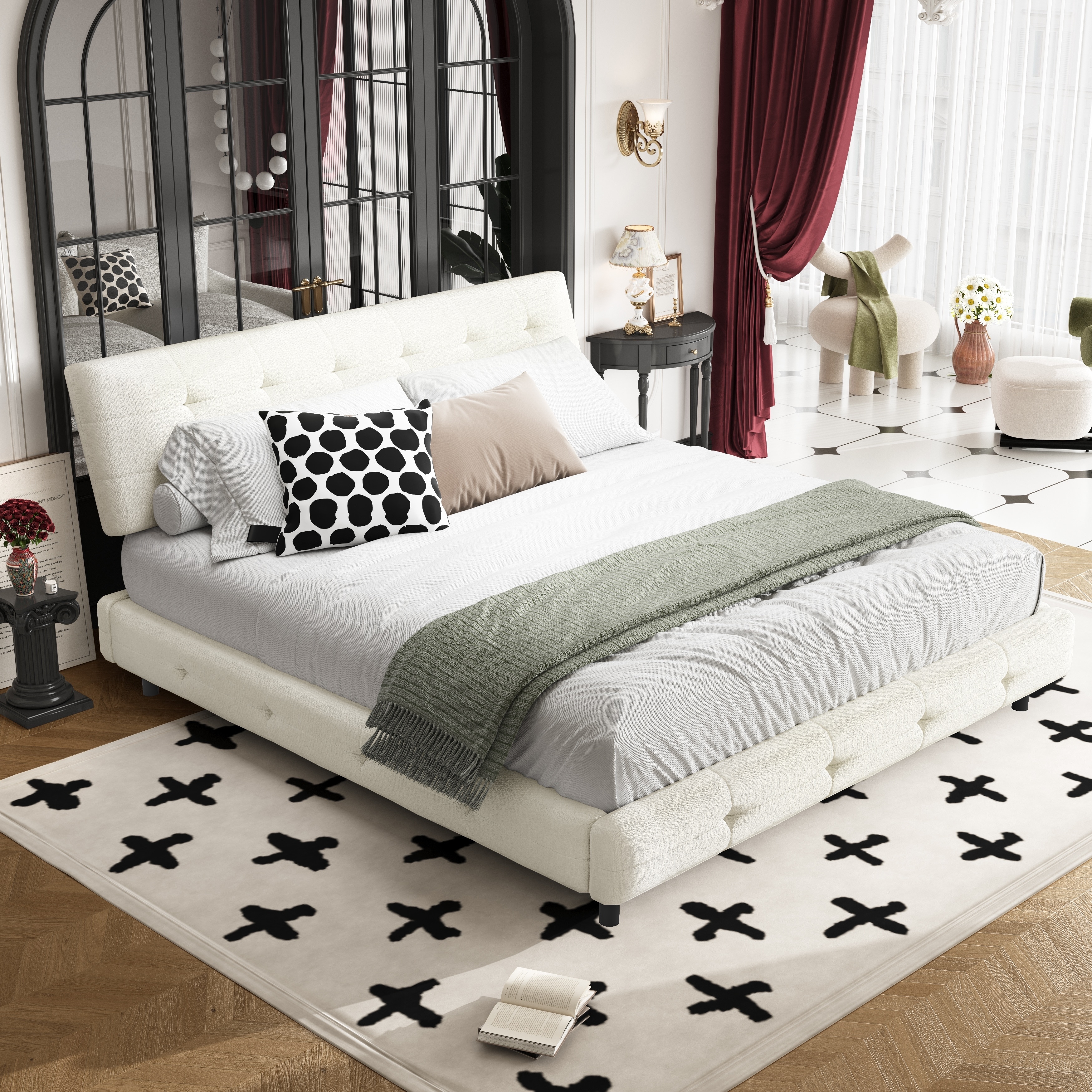 King Size Bed Frame,Tufted Headboard with Ultra-Soft Cloud Pillow Design,Platform Bed with Metal and Wood Slats Double Support