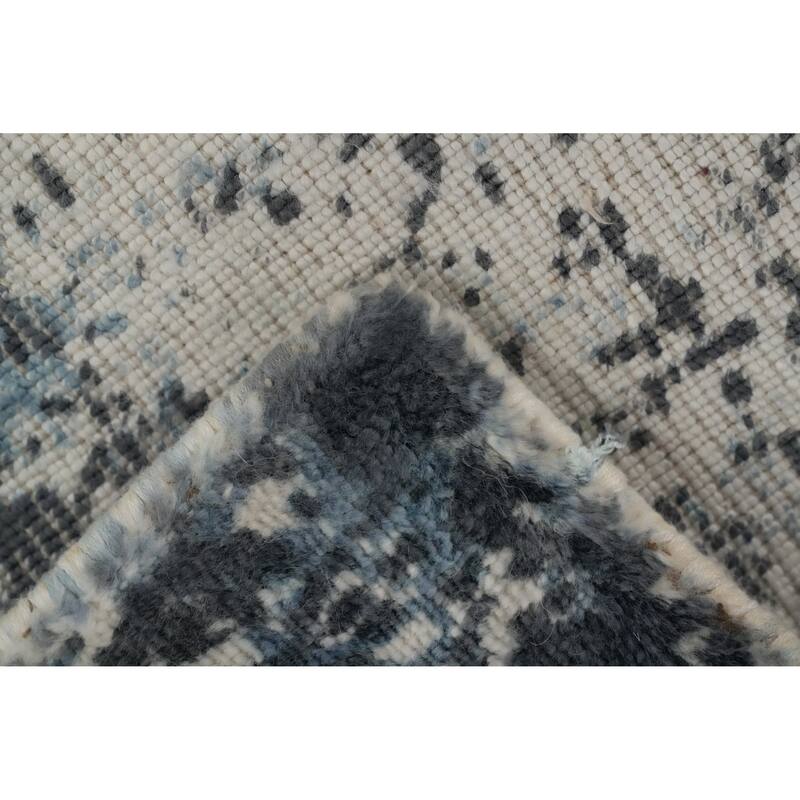 Hand Knotted Oriental Viscose Silk Carpet Modern All-Over Navy Blue & Blues Abstract Area Rug - 3' 9'' X 2' 1''