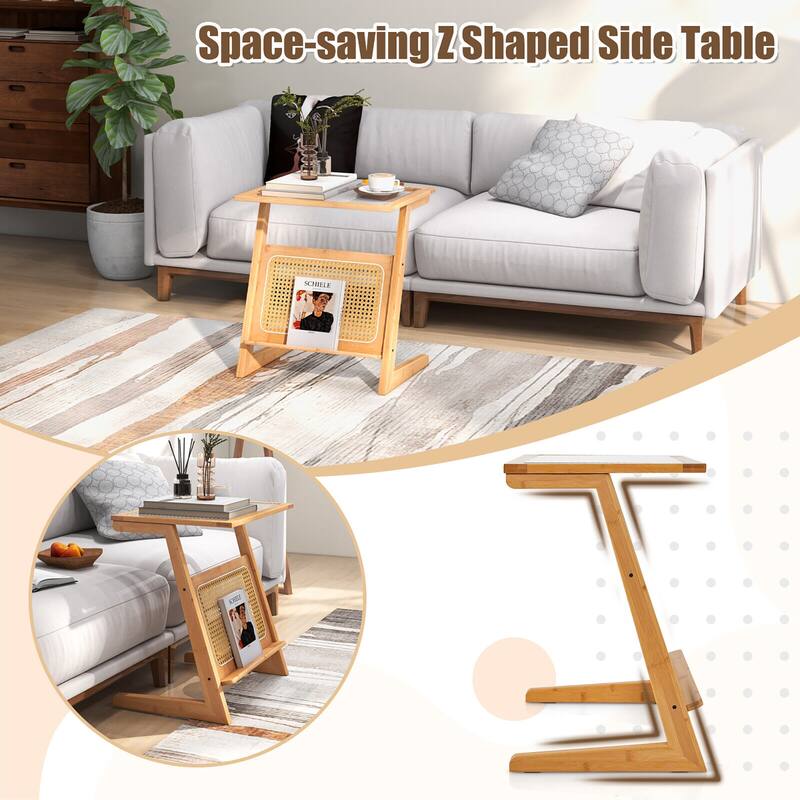Gymax Z-shaped End Table Glass Top Bamboo Side Table w/ Magazine Rack