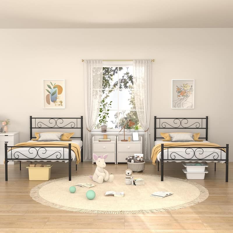 VECELO Twin Size Bed Frame Set of 2 with Headboard, 14 Inch Metal Platform Mattress Foundation Kids Bed Set of 2 - Black