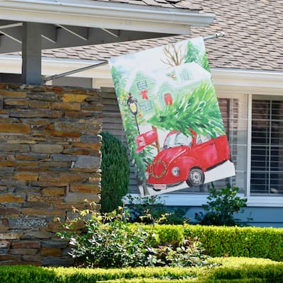 Red Car and Christmas Tree Outdoor House Flag 20" x 48"