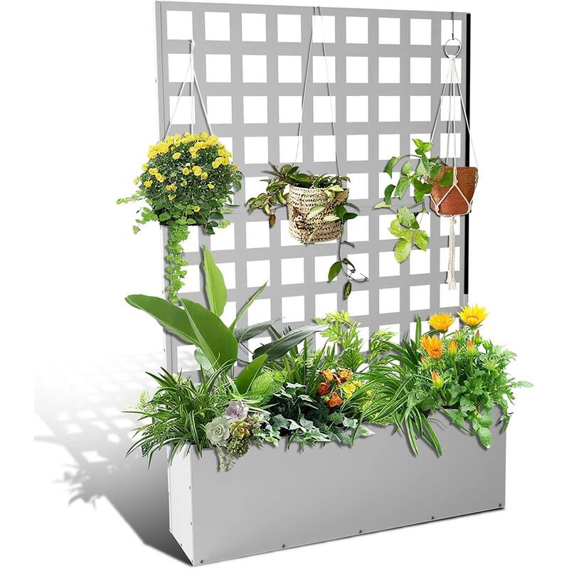Metal Planter Box with Trellis Privacy Screen - white
 no wheels