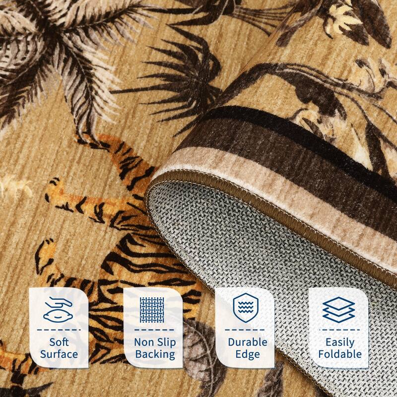 Living Room Rug Jungle Tiger Area Rug Plant Rugs Low Pile Non Shedding Soft Accent Carpet for Bedroom, Dining Room