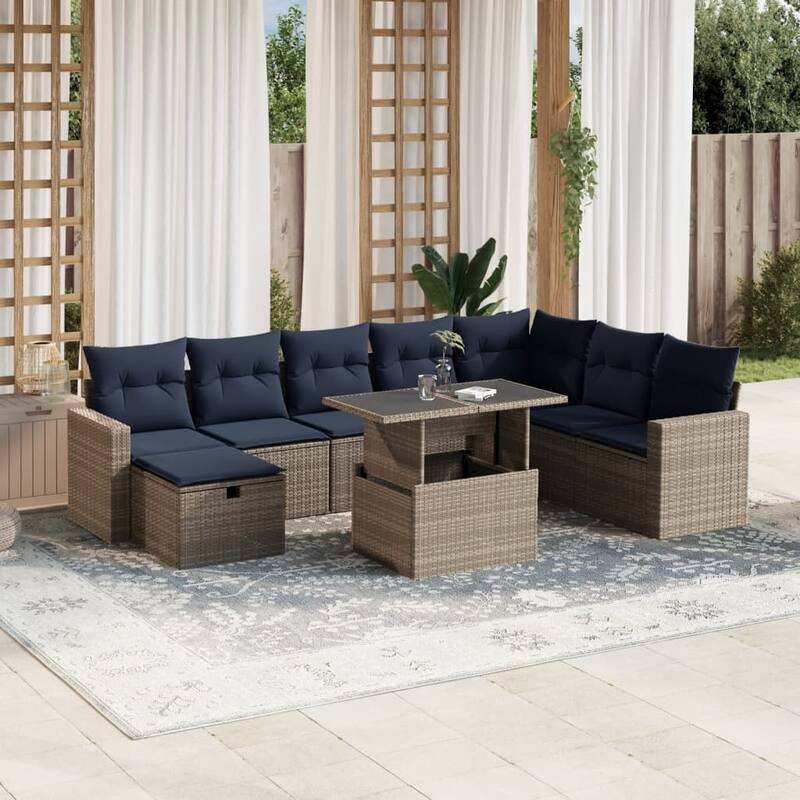 vidaXL Patio Sofa Set with Cushions and Table Outdoor Garden 9 Piece Poly Rattan - 24.4" x 24.4" x 27.2" - Gray