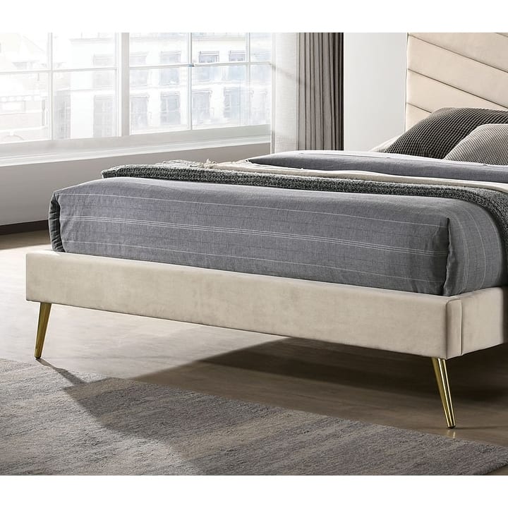 King Size Flannelette Mid-Century Modern Platform Bed with Chevron Tufted Headboard, Padded Upholstery and Gold Angled Legs