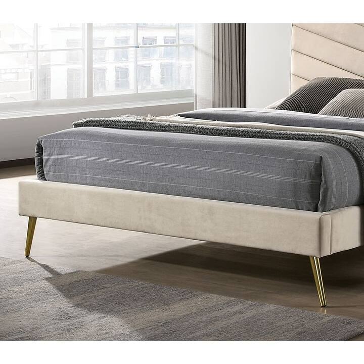 Twin Size Flannelette Mid-Century Modern Platform Bed with Chevron Tufted Headboard, Padded Upholstery and Gold Angled Legs