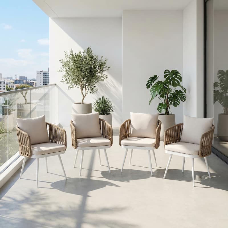 Patio Dining Chair Set - Metal Frame with Woven Rope Seat - 4-Piece Linen-colored Weave