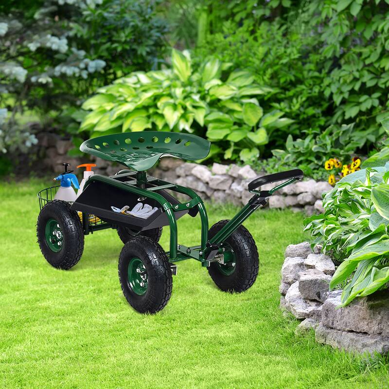 Costway Garden Cart Patio Wagon Roll Work Seat with Tray Basket - See Details