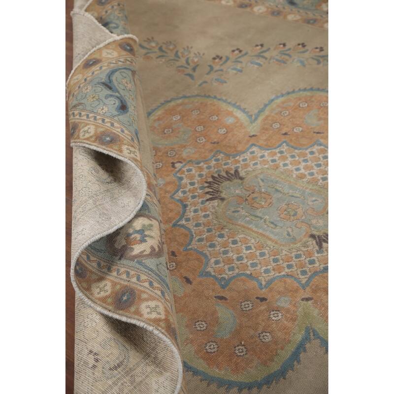 Hand Knotted Oriental 100% Wool Carpet Traditional Medallion Beige & Ivories Tabriz Area Rug - 12' 9'' X 9' 7''