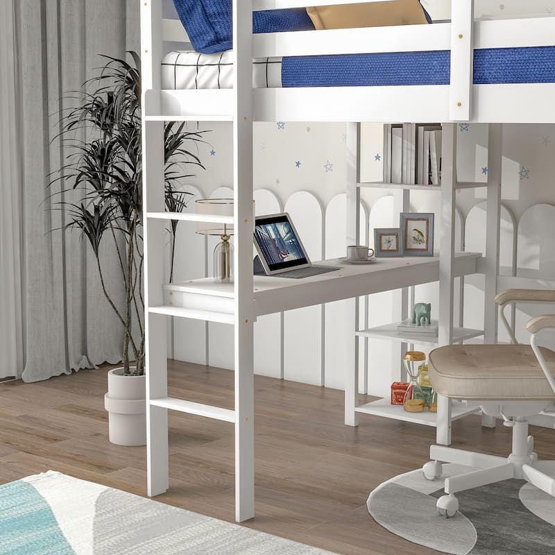 Loft Bed with Desk ,Shelves and Ladder