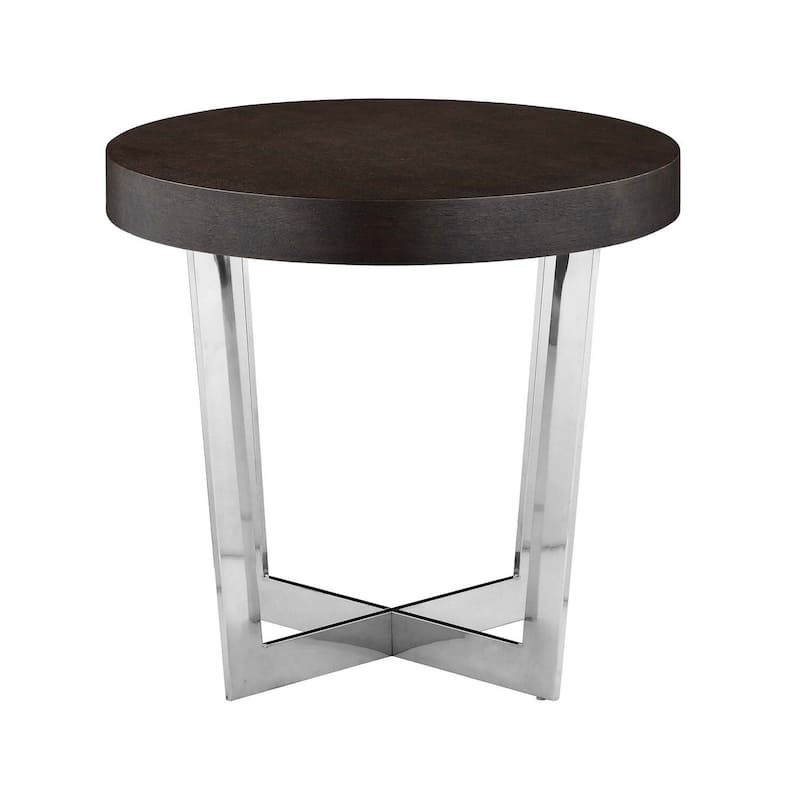 24 in. Espresso Brown and Chrome Round Wood End Table, Sturdy Build End Side Table for Living Rooms