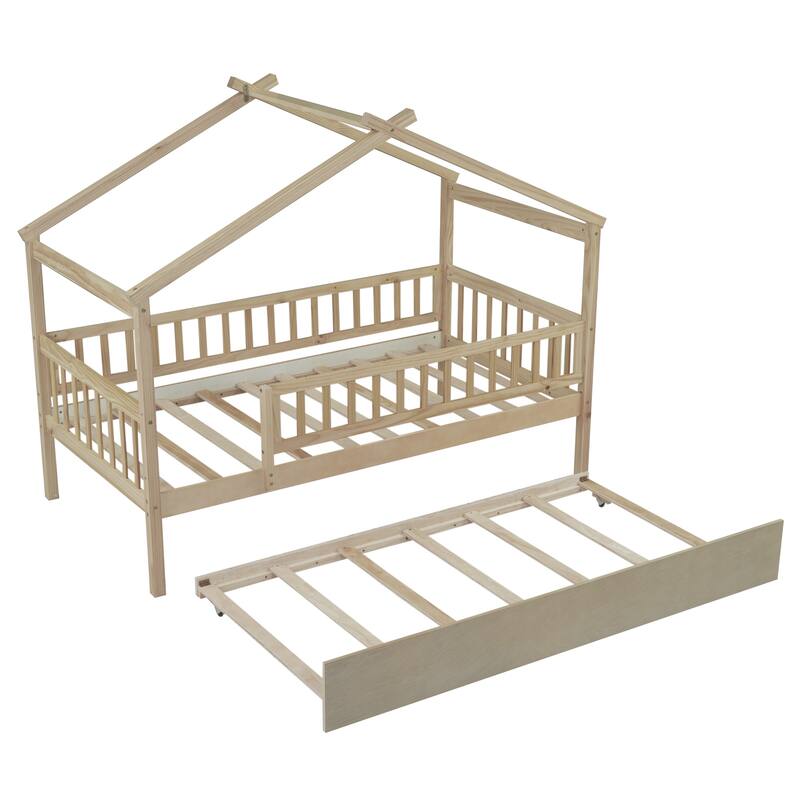 Pine House Bed with Trundle, Guardrail & Roof