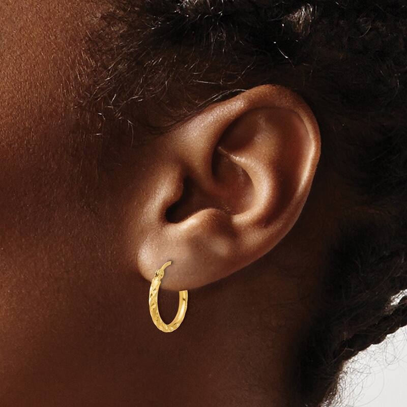 Curata 14k Yellow Gold Polished and Satin and Sparkle Cut Hoop Earrings - 17.25x14.75mm