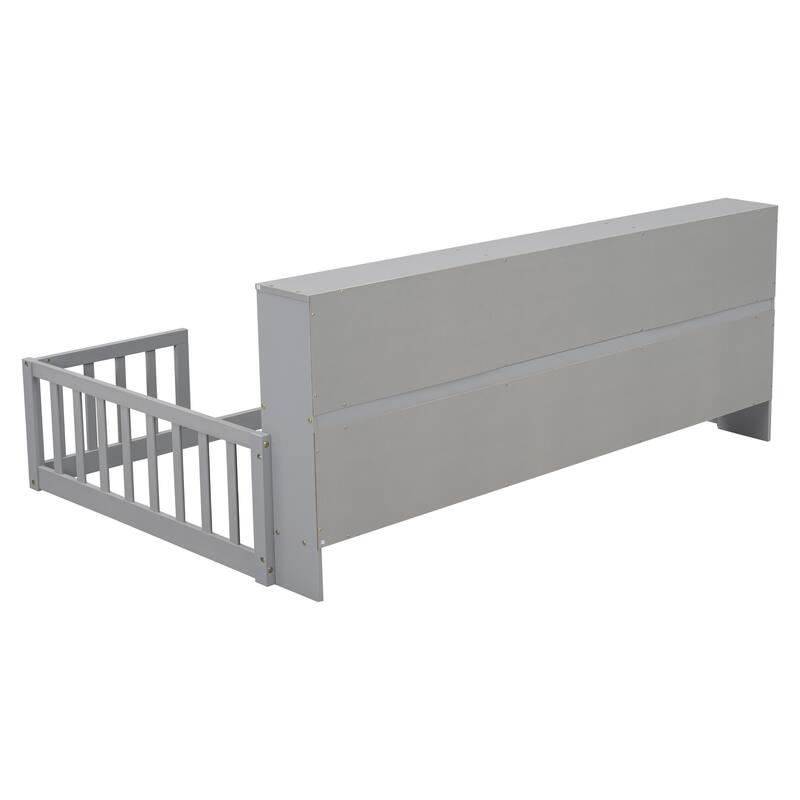 Twin Floor Bed with Bedside Bookcase,Shelves,Guardrails