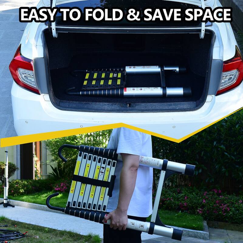 9.5ft Telescopic Aluminum Ladder with Triangular Stabilizers and Hooks