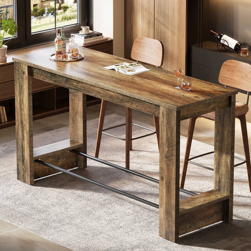 63'' High Top Bar Table, Counter Height Pub Table with Metal Footrests
