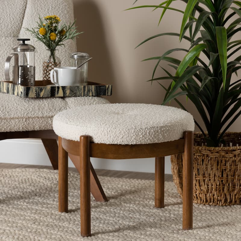 Iliana Japandi Cream Boucle Fabric and Walnut Brown Finished Rubberwood Ottoman Footstool
