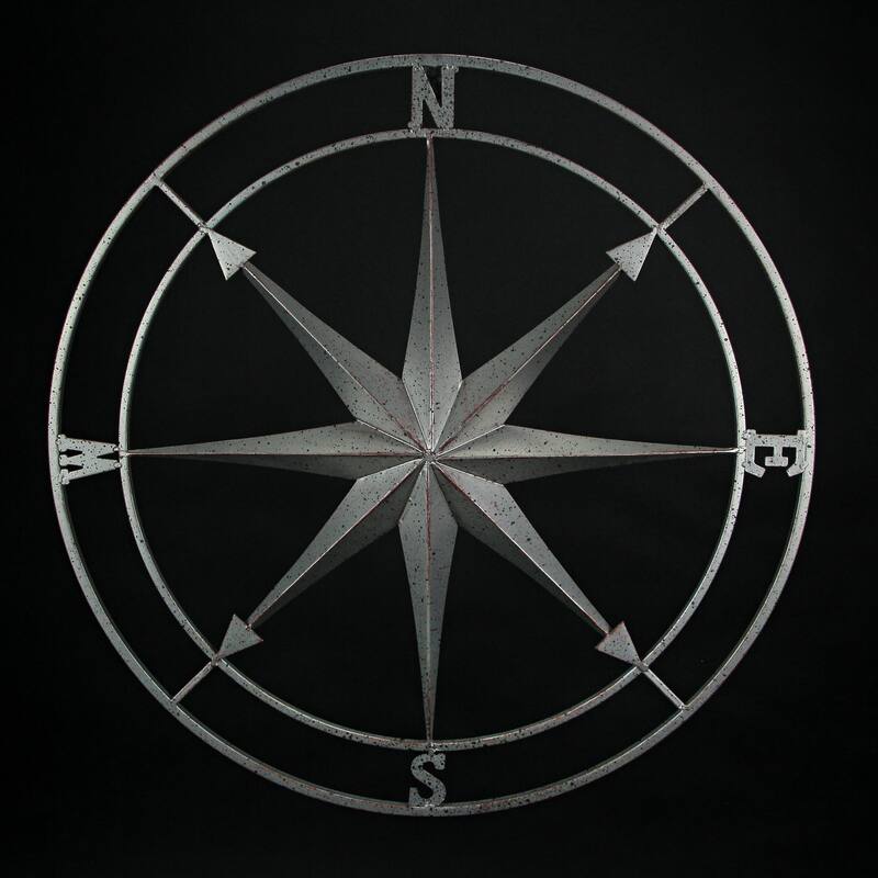 Silver Finish Framed Nautical Compass Rose Metal Wall Decor Hanging