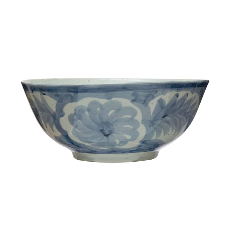 Hand Painted Stoneware Bowl with Floral Design - 14.0"L x 14.0"W x 5.9"H - 14.0"L x 14.0"W x 5.9"H - Blue