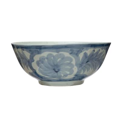 Hand Painted Stoneware Bowl with Floral Design - 14.0"L x 14.0"W x 5.9"H - 14.0"L x 14.0"W x 5.9"H