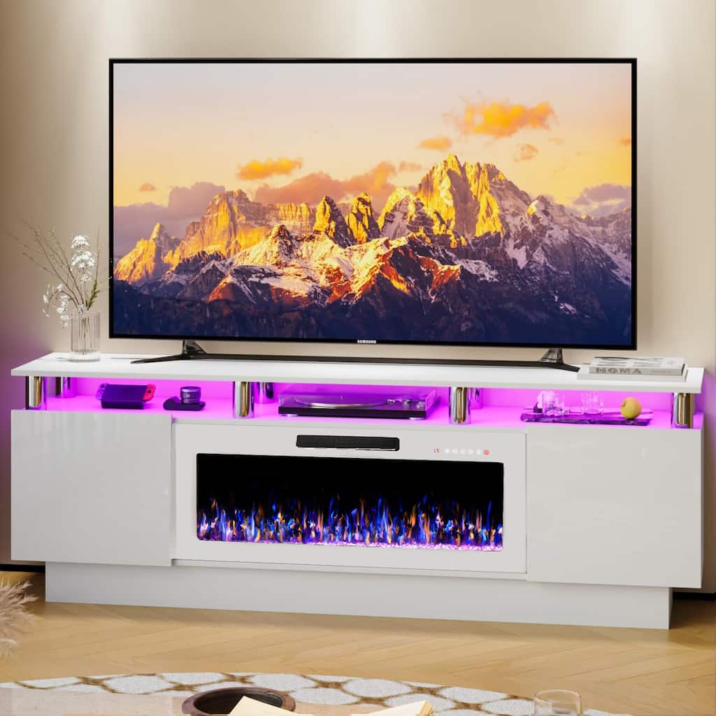 BOSSIN 70" Modern Electric Fireplace TV Stand, with Electronic Flame and LED Lights, High Gloss Finish Entertainment Center