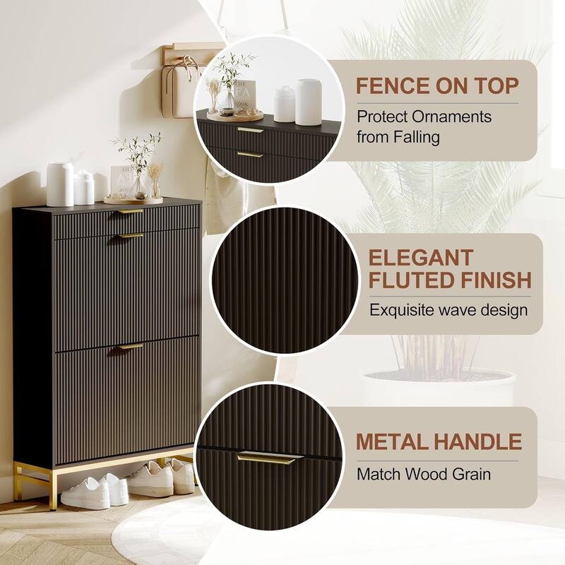 Fluted Shoe Storage Cabinet, Narrow Shoe Organizer with 2 Flip Drawers