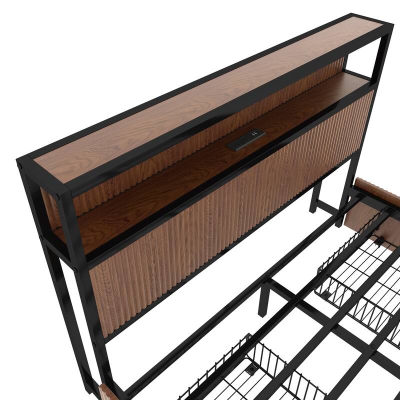 Elevated Storage Bed Frame‌ - Wooden Platform Design With Integrated Drawers And Bedside Power Outlets In Rich Brown Finish