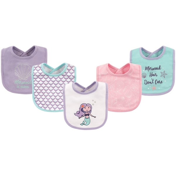 slide 1 of 1, Hudson Baby Infant Girl Cotton Bibs 5pk, Mermaid, One Size - Mermaid - One Size One Size - Mermaid