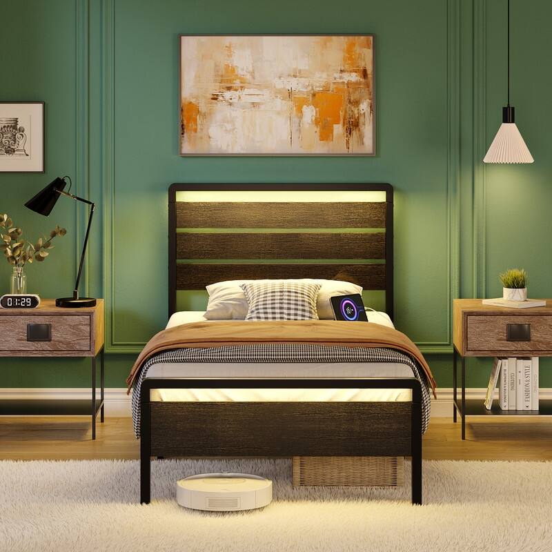 Bed Frame with LED Light and Charging Station, Metal Platform Bed with Wood Headboard