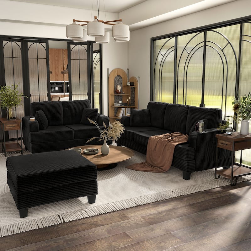 Furniture of America Xenia Modern 3-Piece Chenille Sofa and Ottoman Set