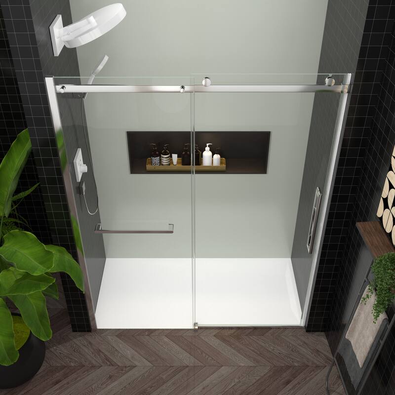 GDFStudio - 76'' H Frameless Sliding Glass Shower Door with Handle and Towel Bar, Easy-Clean Tempered Glass Panels