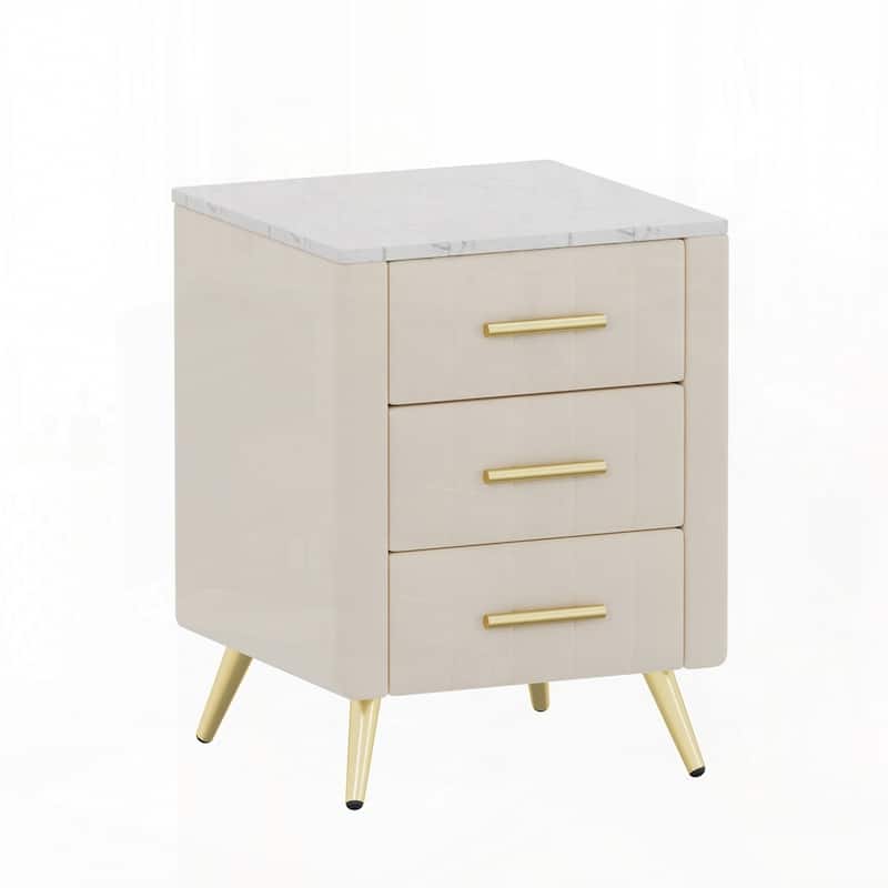 Upholstered Wooden Nightstand with 3 Drawers and Metal Legs&Handles