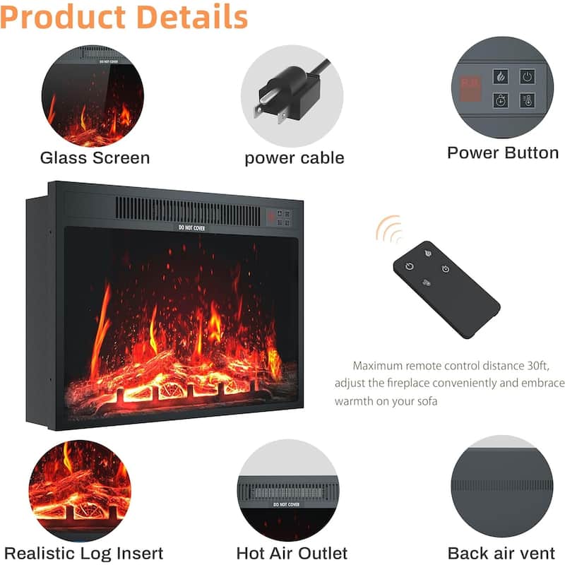 Kullavik Electric Fireplace Insert, 24in Freestanding 750/1500W Quiet Voice, 3 Flame Colors