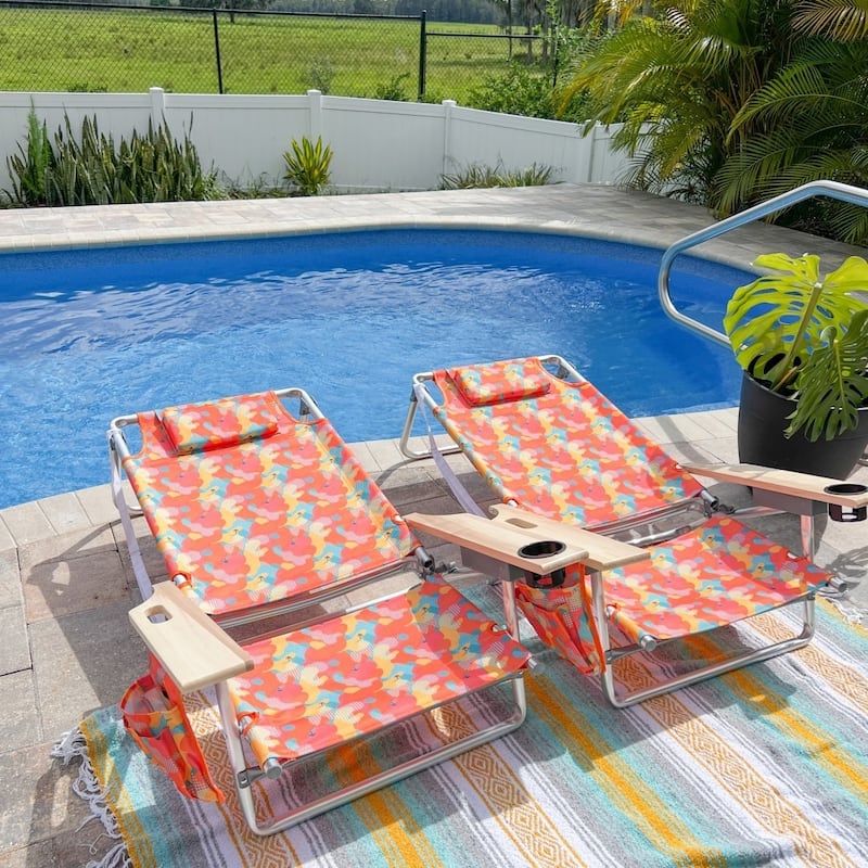 2-Piece Lightweight 5-Position Folding Lay Flat Beach Chairs with Tower Bar - Orange