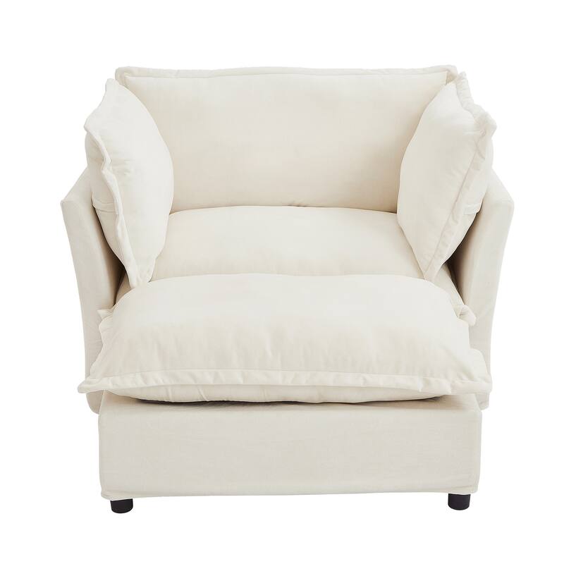 Chenille Modern Armchair Sofa with Movable Ottoman, Wide Seat, Curved Armrests, and Removable Cushions