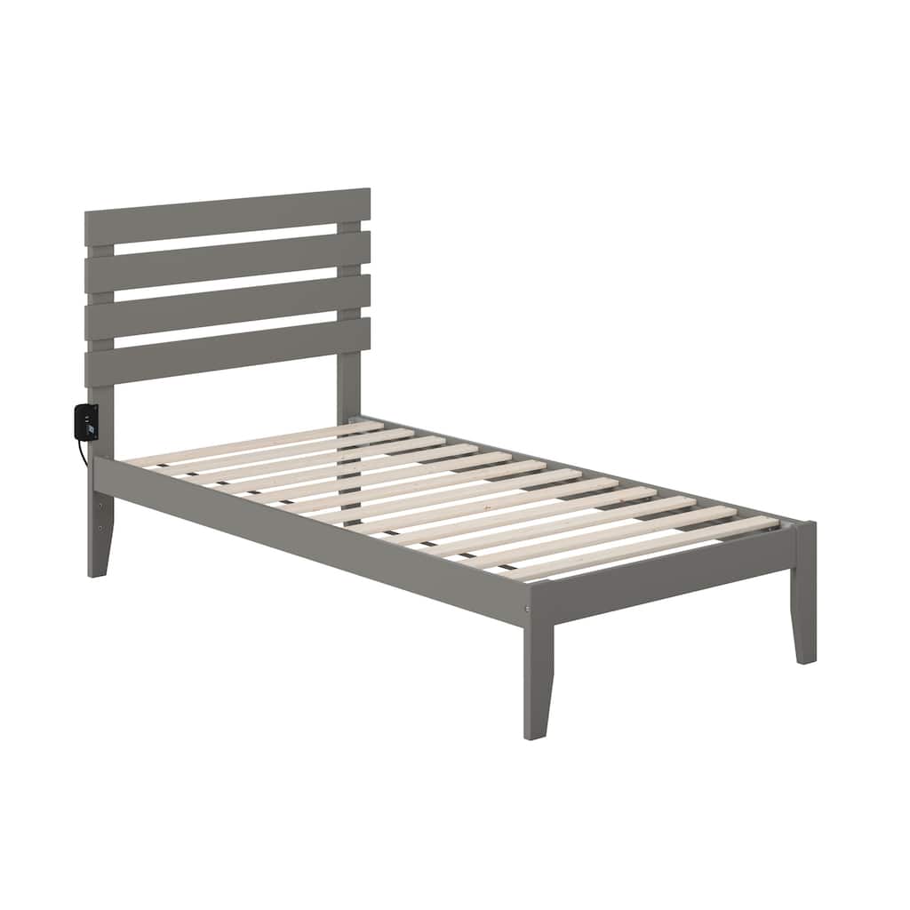 Twin Bed with USB Charger - Modern Design, Grey Finish, Slat Kit Included - No Box Spring Needed