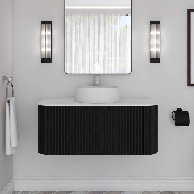 Plywood Wall-Mounted Bathroom Vanity Set with Integrated Ceramic Sink in Natural Wood - 35.83" x 18.9" x 19.29" - Black