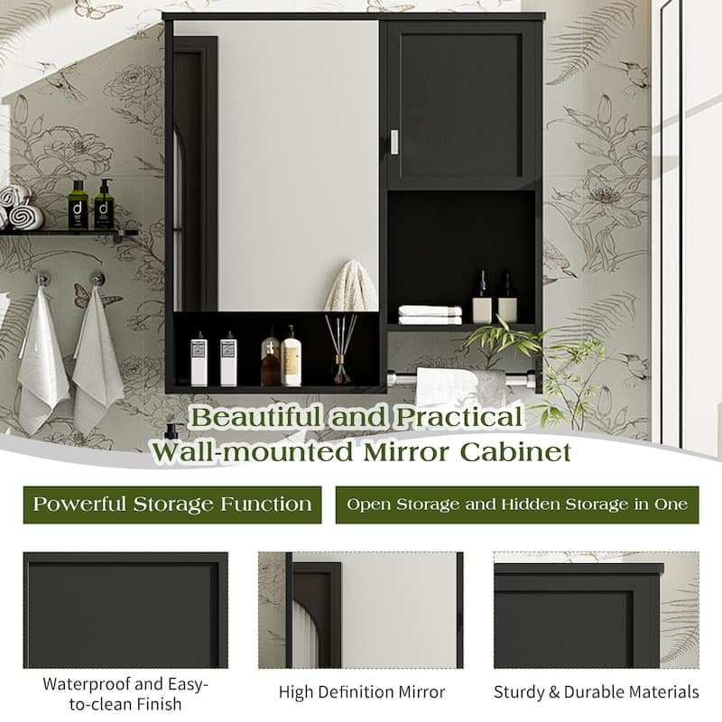 29" x 28" Over The Toilet Bathroom Storage Cabinet with Towel Bar Wall Mirror Cabinet with Closed Cupboard and Open Shelf