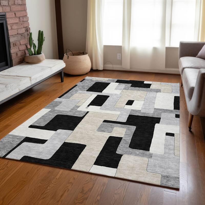 Machine Washable Indoor/ Outdoor Contempoary Blocks Chantille Rug