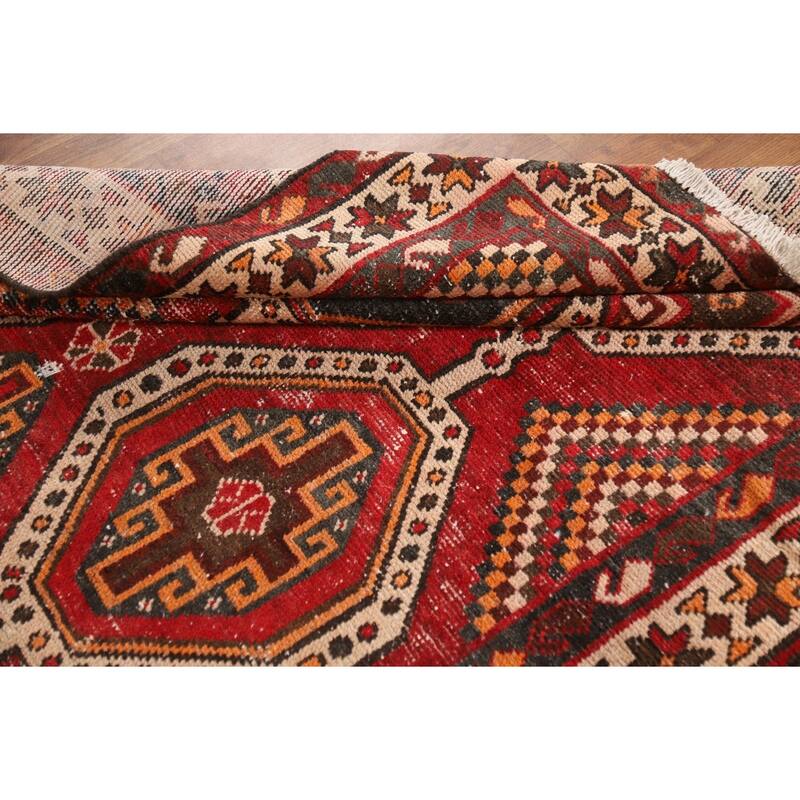 Red Geometric Distressed Bakhtiari Persian Vintage Wool Carpet - 5'0"x 10'1"