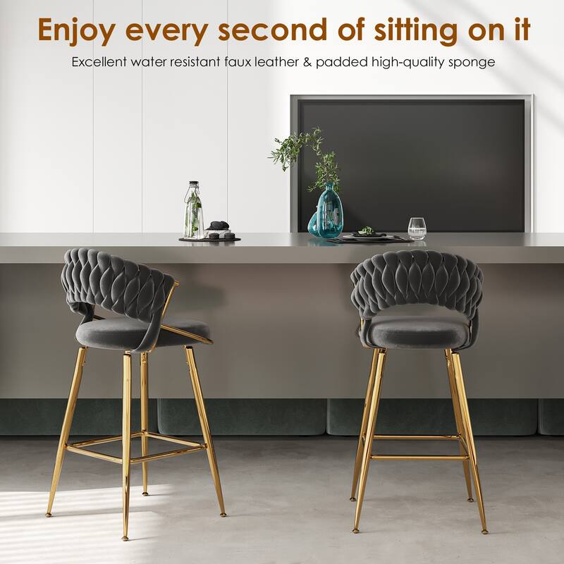 Modern Velvet Counter Stool Ergonomic Design Plush Seat for Kitchen Island Bar - Set of 2