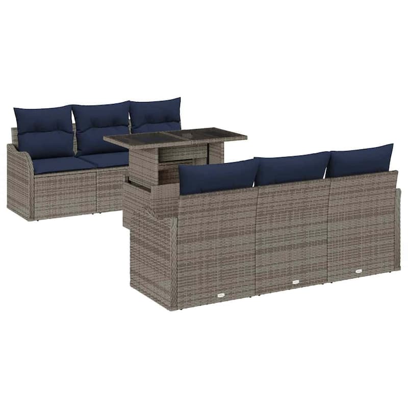 vidaXL 7 Garden Sofa Set with Cushions Black/Brown/Grey Poly Rattan - 69.3 x 24.4 x 27.2